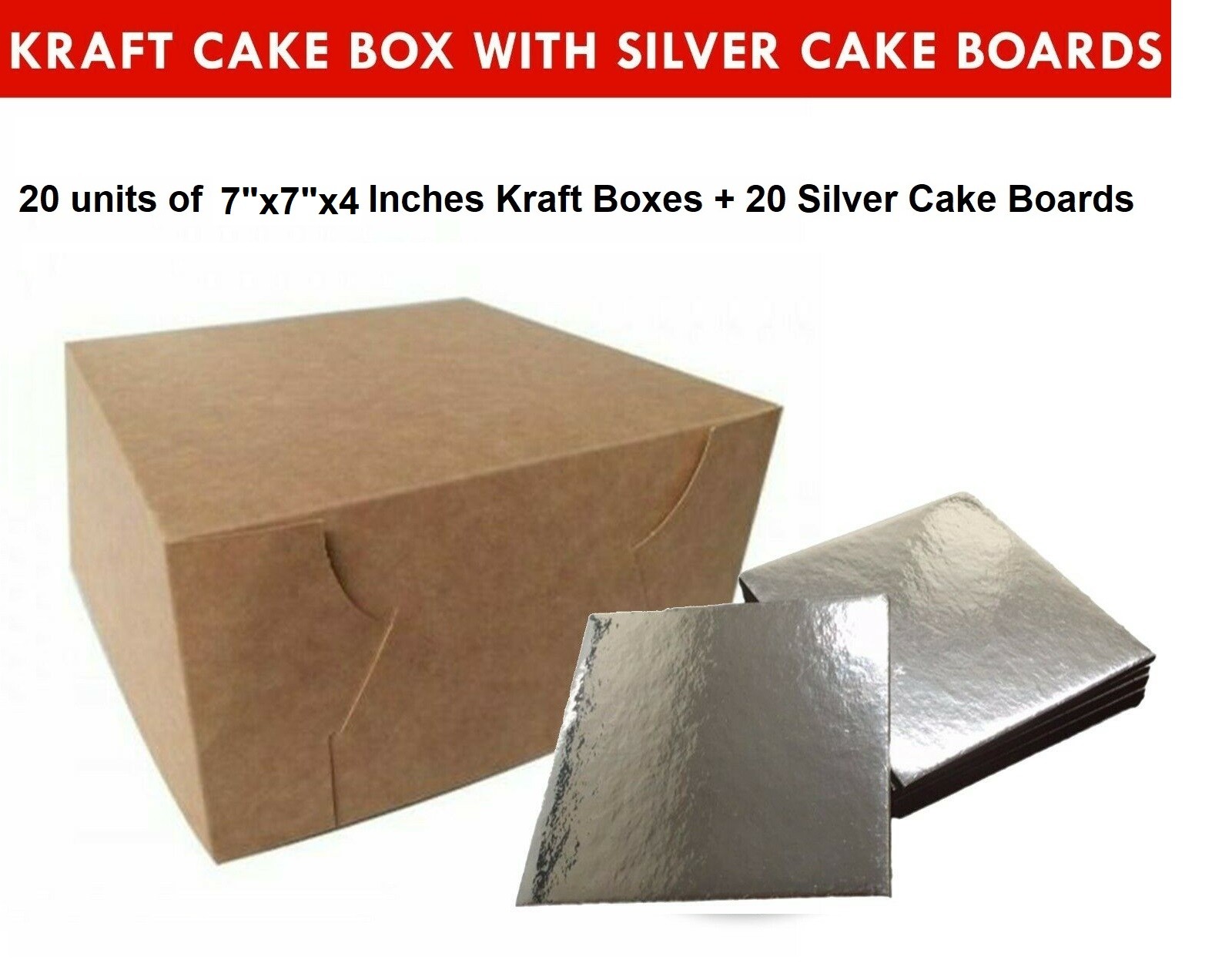 Kraft Cake Boxes with Square boards - 7" x 7" x 4" ($3.5 /pc x 20 units)
