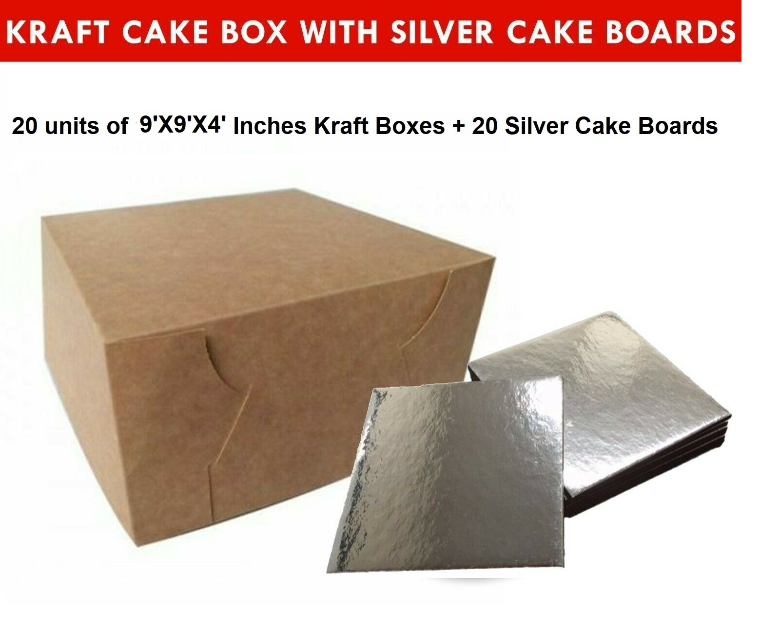 Kraft Cake Boxes with Square boards - 9" x 9" x 4" ($3.7 /pc x 20 units)